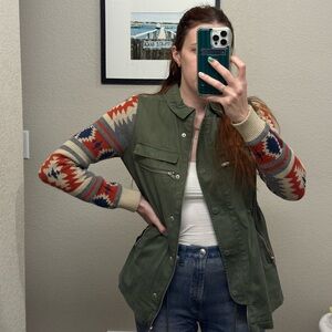 Quinn Olive Utility Jacket with Aztec Knit Sleeves